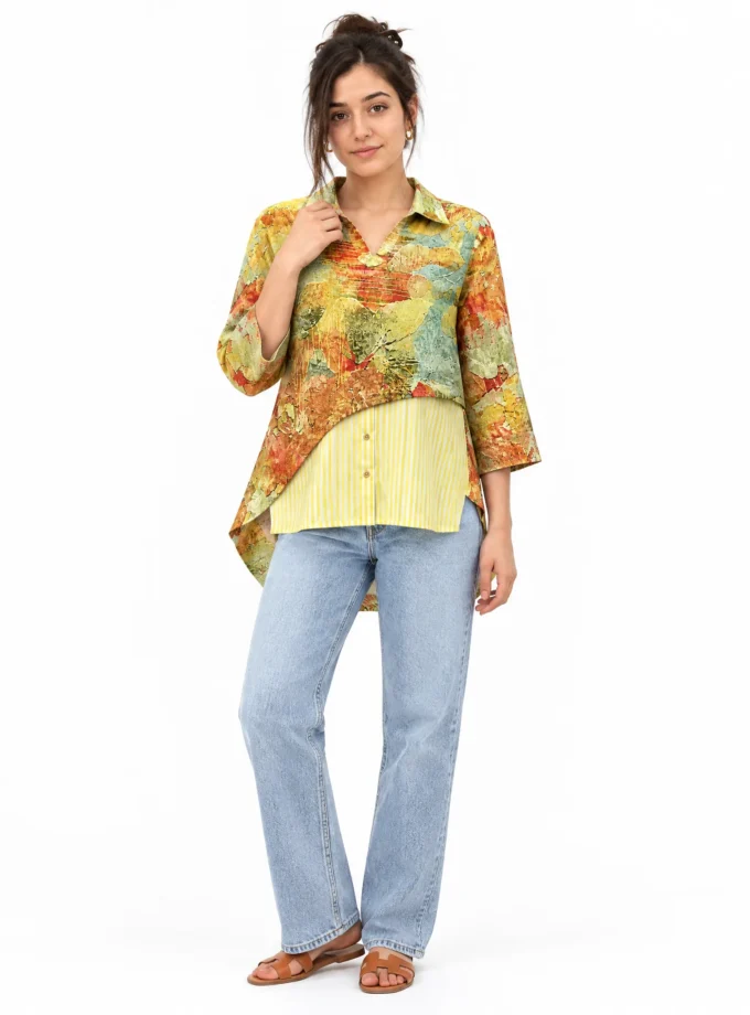 Garnet — model wearing the digi print glaze cotton shirt with yellow stripe base