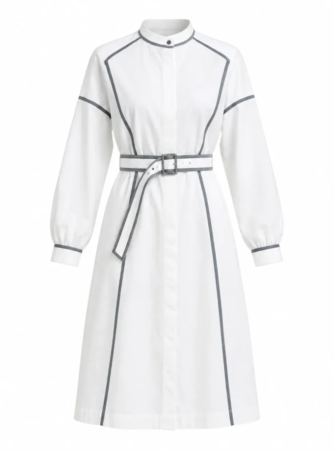 Giselle white denim cotton shirt dress with a buckled belt and blue stripe detailing shown alone on an invisible mannequin