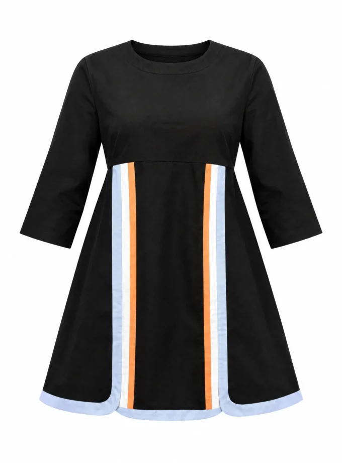 Greta black cotton round neck short dress with colourful strip detailing shown alone on an invisible mannequin