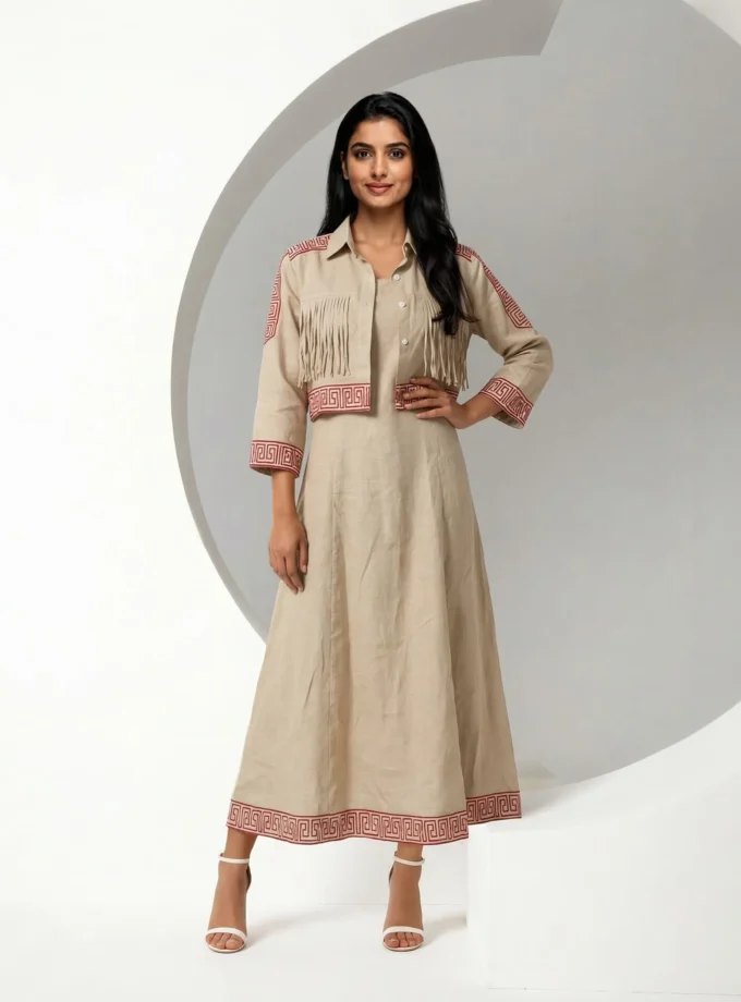 Hana — model wearing the light beige H-LOOM dress with red block print hem together with the tassel pocket crop shirt