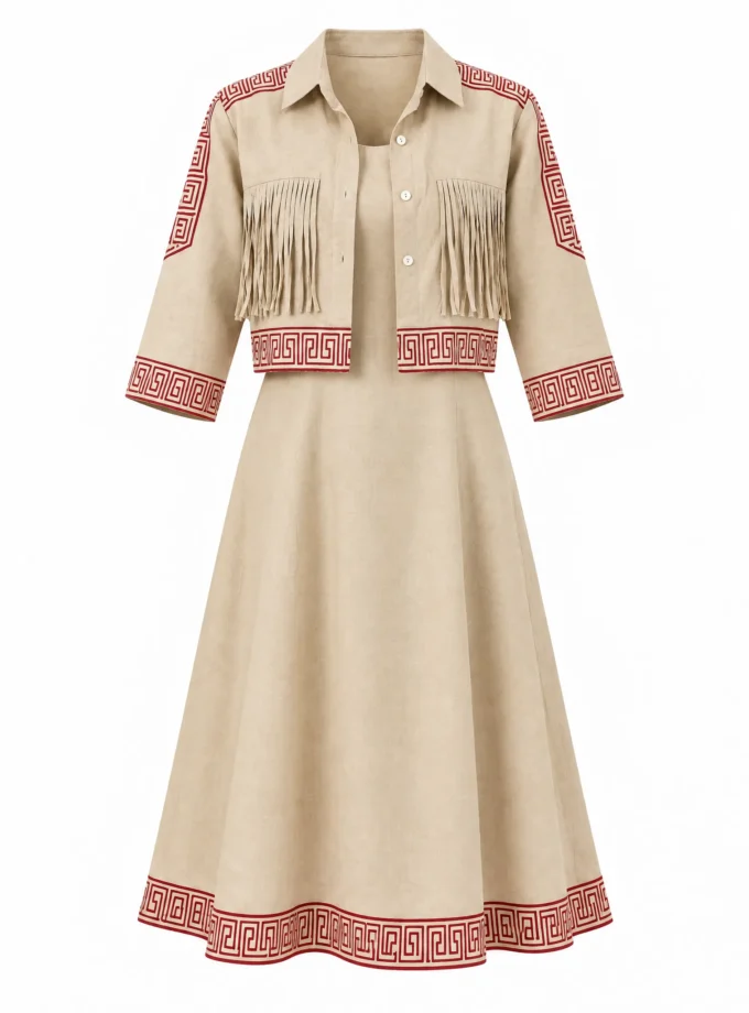 Hana light beige handloom layered look shown on an invisible mannequin — sleeveless midi dress with red block print hem under the matching tassel pocket crop shirt
