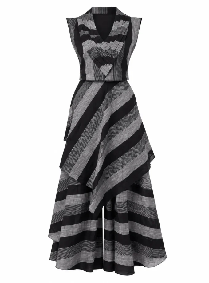 Haven black and grey stripe pleated yoke top and layered pallazo shown together on an invisible mannequin