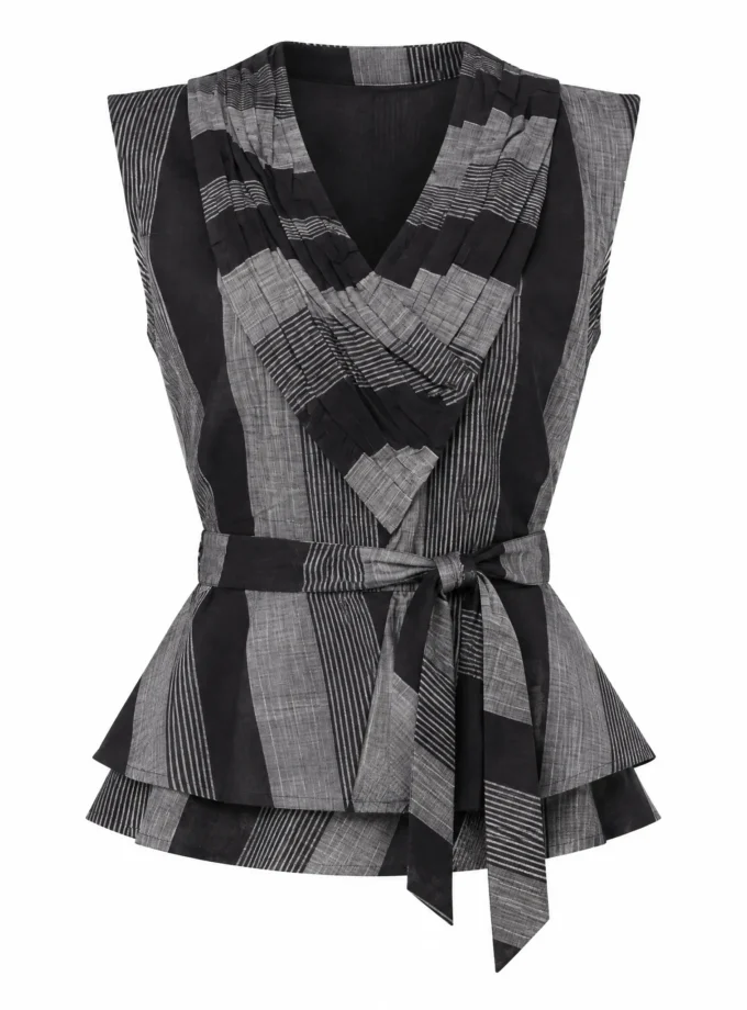 Haven black and grey stripe sleeveless top with a pleated yoke shown alone on an invisible mannequin