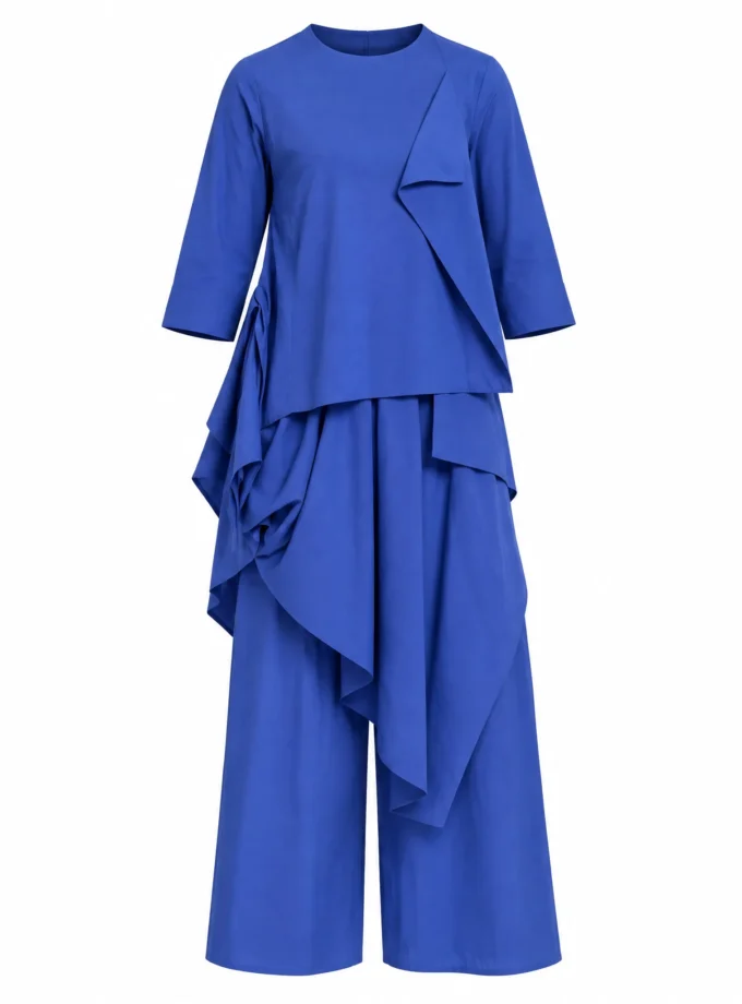 Hazel electric blue multi layered drawstring high neck top and multi layered palazzo pant shown together on an invisible mannequin