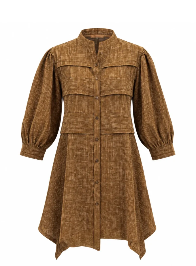 Haze brown loom cotton closed neck button down flat pleat shirt with balloon sleeves shown alone