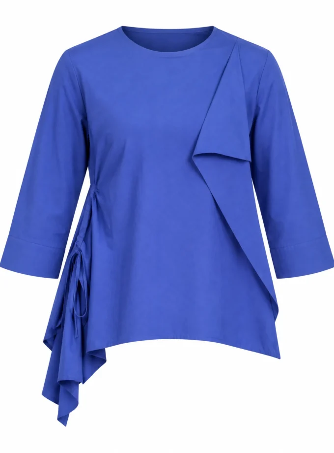 Hazel electric blue multi layered drawstring high neck top shown alone on an invisible mannequin