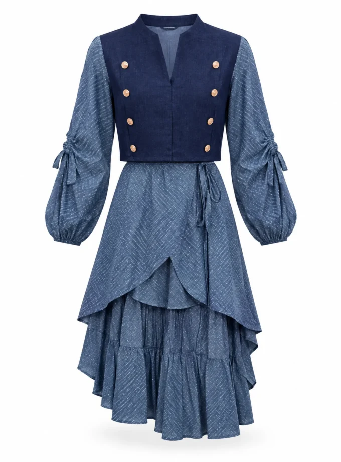 Helena dark denim crop sleeveless top with wooden buttons and blue geo print layered dress shown together on an invisible mannequin