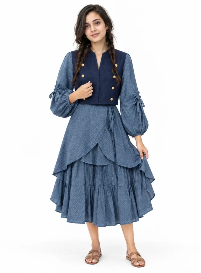 Helena - model wearing the dark denim crop sleeveless top with wooden button detailing and the geo blue print layered dress with drawstring sleeve