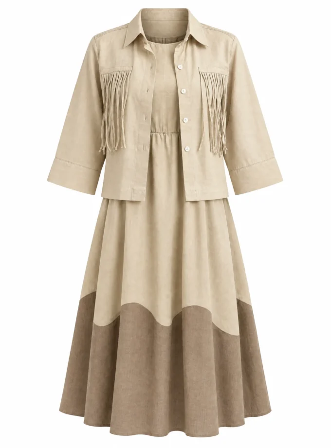 Inez light beige handloom layered look shown on an invisible mannequin — sleeveless midi dress with brown scallop hem under the matching tassel pocket crop shirt