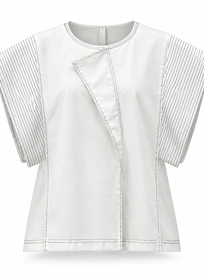Isadora white denim cotton oversized sleeve flap top shown alone on an invisible mannequin