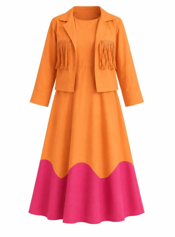 Isla peach layered look alone on an invisible mannequin — dress with fuschia scallop hem under the matching crop shirt