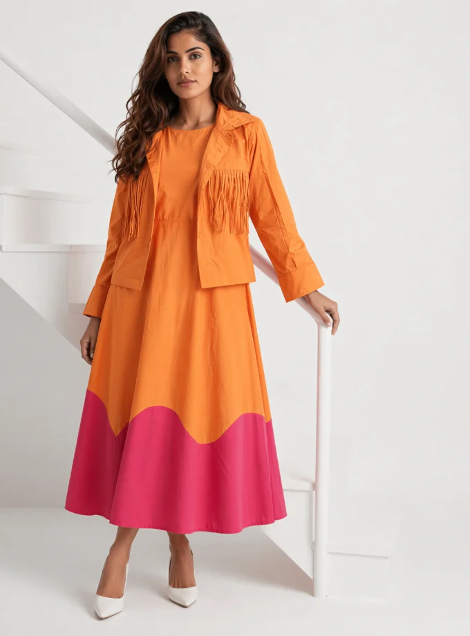 Isla — model wearing the peach co-ord, crop shirt with tassel pockets over the peach dress with fuschia pink scallop hem