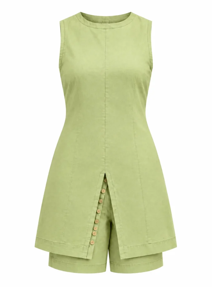 Jessamine sage green cotton linen long slit top with the matching sage green shorts shown together on an invisible mannequin