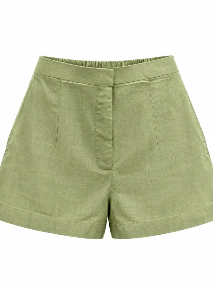 Jessamine sage green cotton linen shorts shown alone on an invisible mannequin