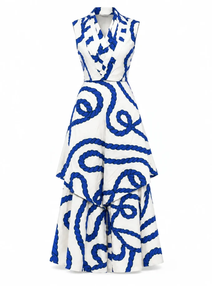 Jewel RO print glaze cotton pleated yoke top and layered pallazo shown together on an invisible mannequin