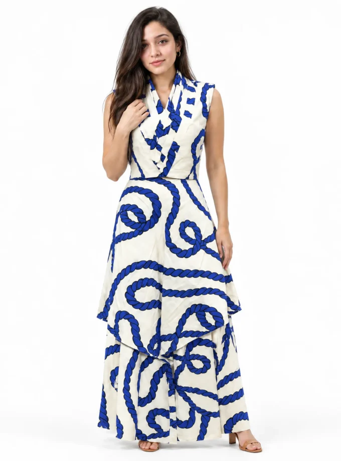 Jewel — model wearing the RO print glaze cotton sleeveless top with a pleated yoke and the RO print layered pallazo