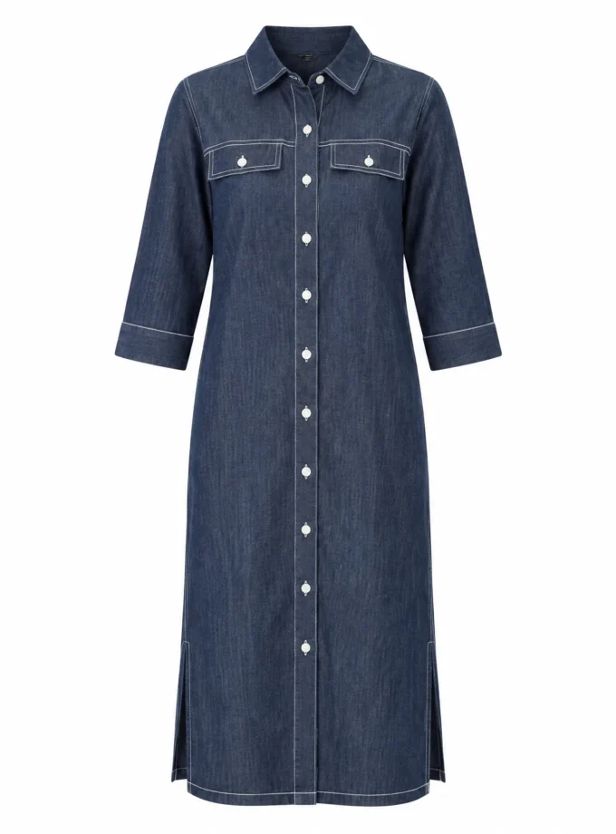 Jolie dark blue denim cotton straight cut dress with chest pocket detailing shown alone on an invisible mannequin