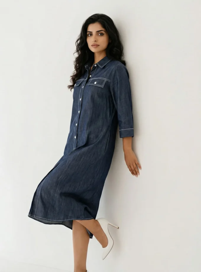 Jolie — model wearing the dark blue denim cotton straight cut dress with chest pocket detailing