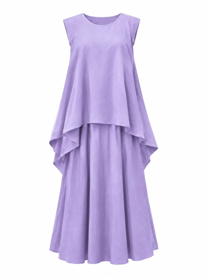 Kaira lavender multi layered drawstring high neck top paired with the lavender multi layered palazzo pant, shown together on an invisible mannequin