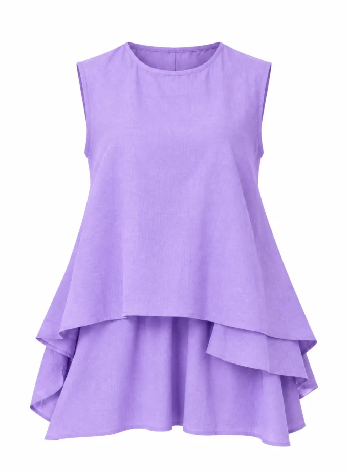 Kaira lavender multi layered drawstring high neck top shown alone on an invisible mannequin