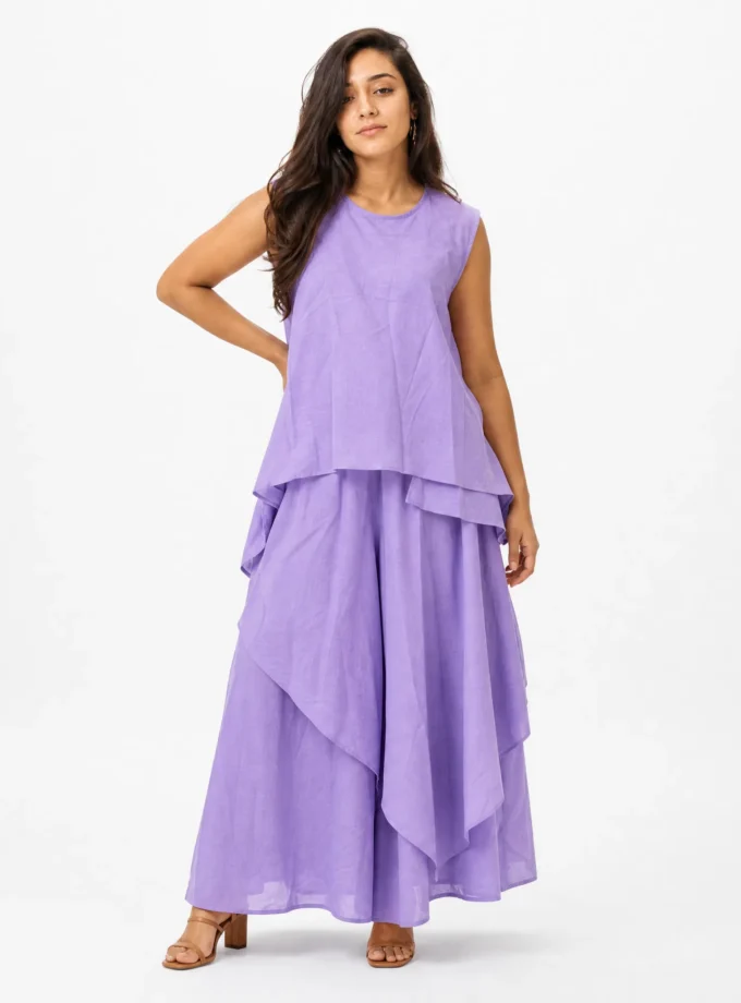 Kaira — model wearing the lavender multi layered drawstring high neck top with the lavender multi layered palazzo pant