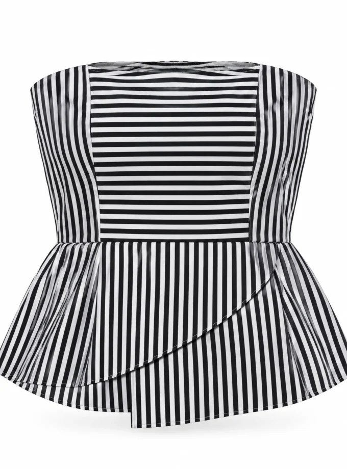 Lavinia blue stripe cotton pleated yoke tube top shown alone on an invisible mannequin