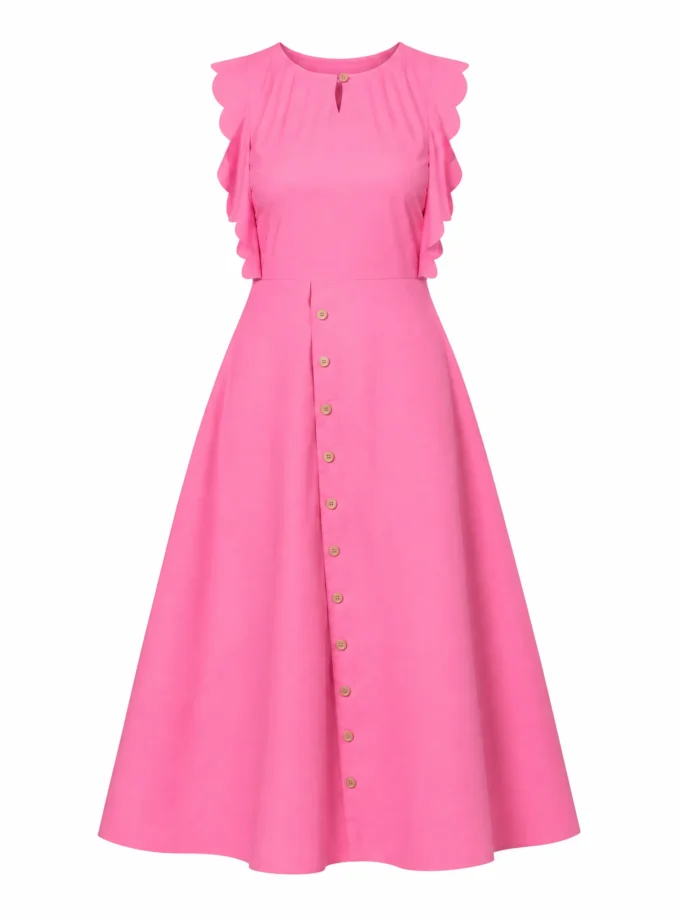 Leona barbie pink cotton scallop flap A line dress shown alone on an invisible mannequin