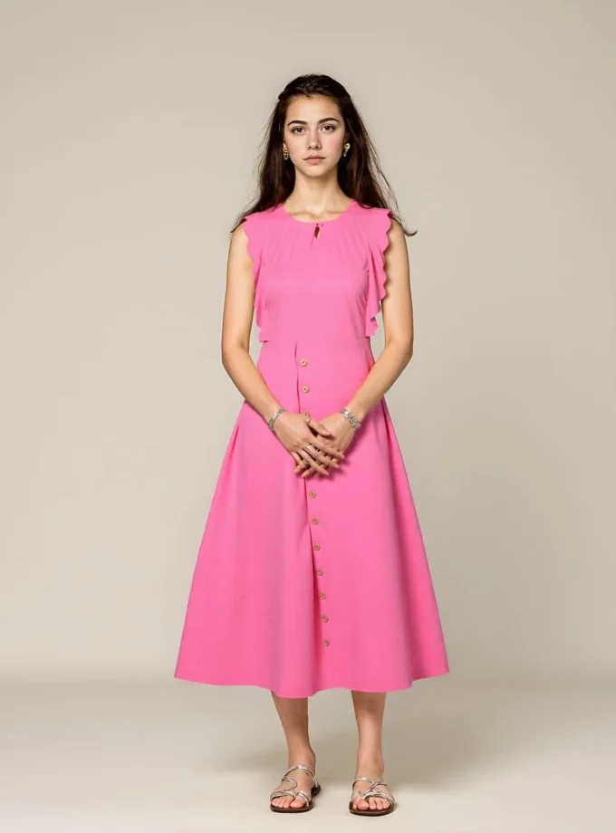 Leona — model wearing the barbie pink scallop flap A line dress
