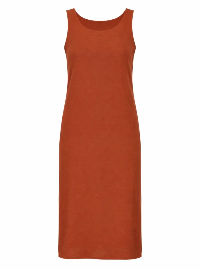 Lilah rust h-loom sleeveless slip dress with round neck shown alone on an invisible mannequin