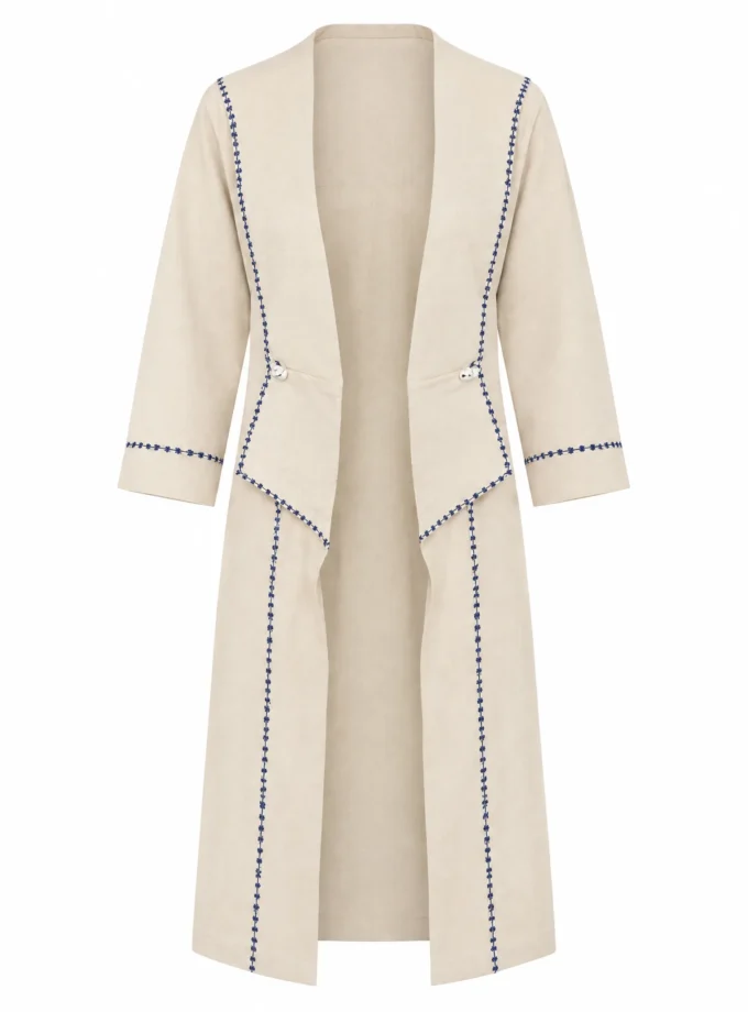 Lilah light beige h-loom flap collar open jacket shown alone on an invisible mannequin