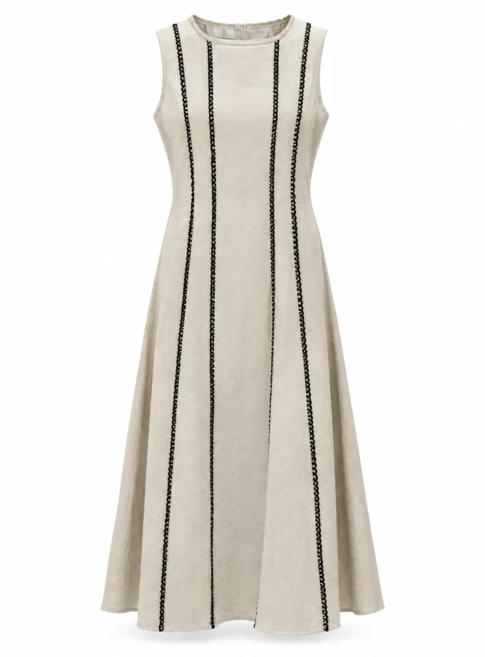 Lorelei light beige cotton linen maxi dress with black scallop lace detailing shown alone on an invisible mannequin