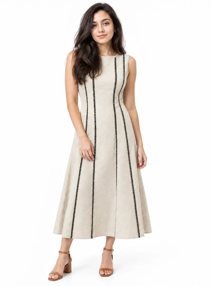 Lorelei - model wearing the light beige cotton linen maxi dress with black scallop lace detailing