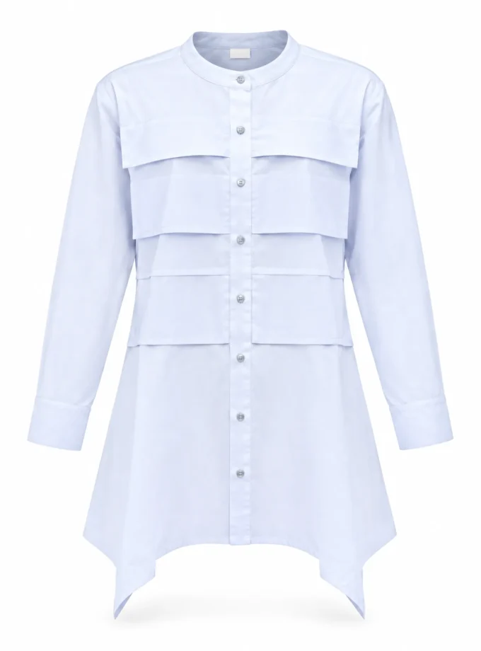 Lush lavender cotton closed neck button down flat pleat shirt shown alone on an invisible mannequin