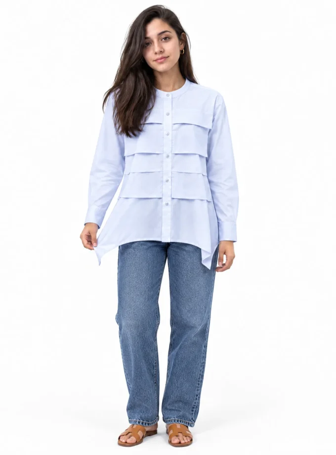 Lush — model wearing the lavender cotton closed neck button down flat pleat shirt
