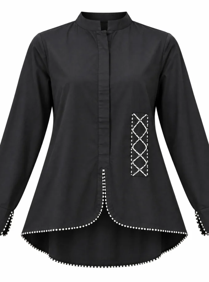Lyra shirt - black cotton mandarin collar top with white cross-stitch panel and lace-trimmed high-low hem