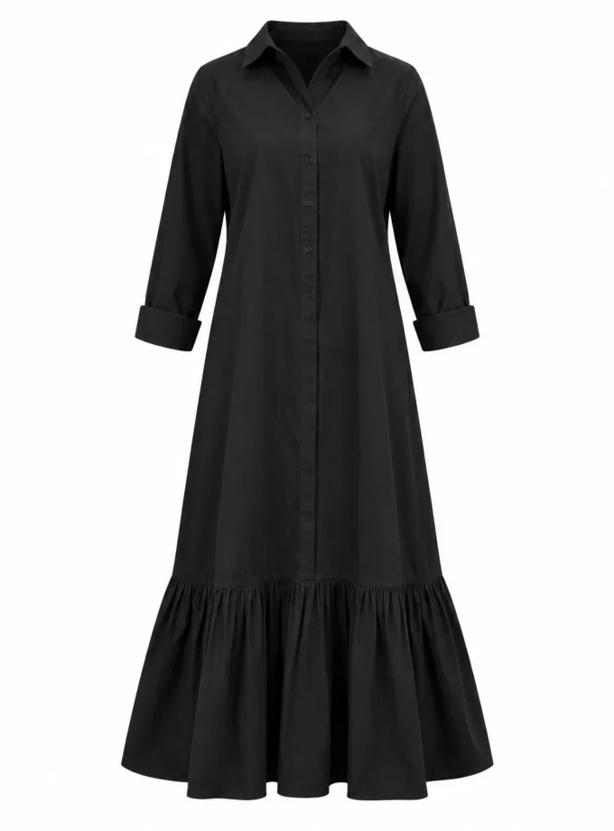 Maeva black maxi shirt dress alone on an invisible mannequin, with a pleated flared hem