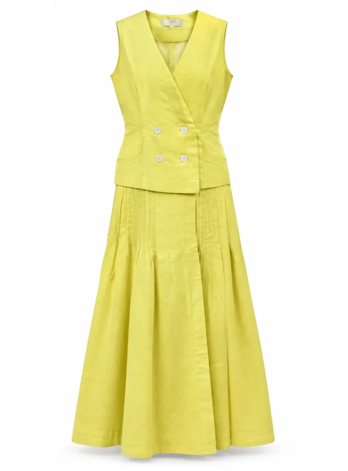 Magnolia lemon yellow sleeveless blazer maxi dress with soft pleat detailing shown alone on an invisible mannequin