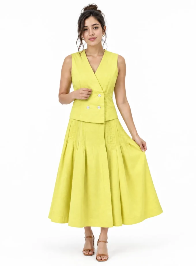 Magnolia - model wearing the lemon yellow sleeveless blazer maxi dress with soft pleat detailing