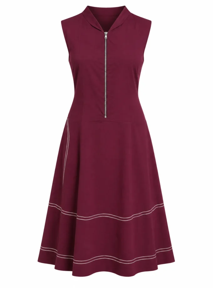 Maren magenta A-line zip up dress with contrast stitch detailing shown alone on an invisible mannequin