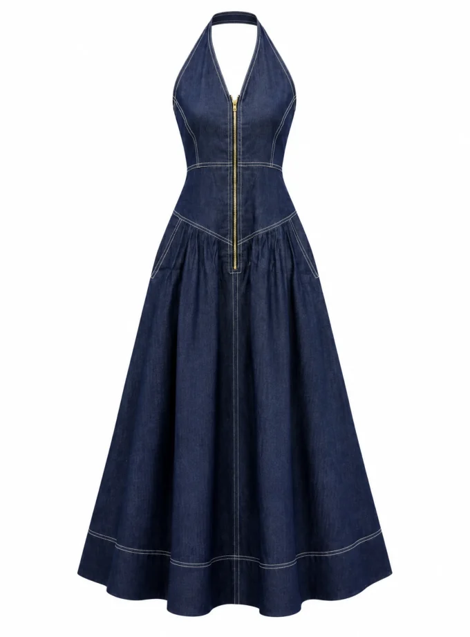 Marina dark denim zip up backless halter neck maxi dress shown alone on an invisible mannequin