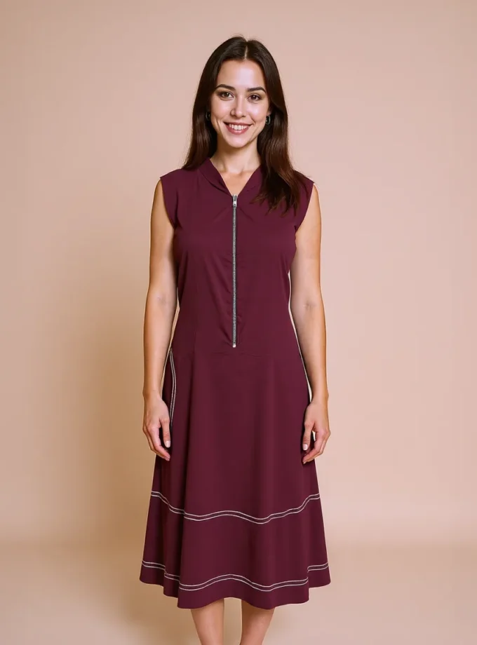 Maren — model wearing the magenta A-line zip up dress with contrast stitch detailing