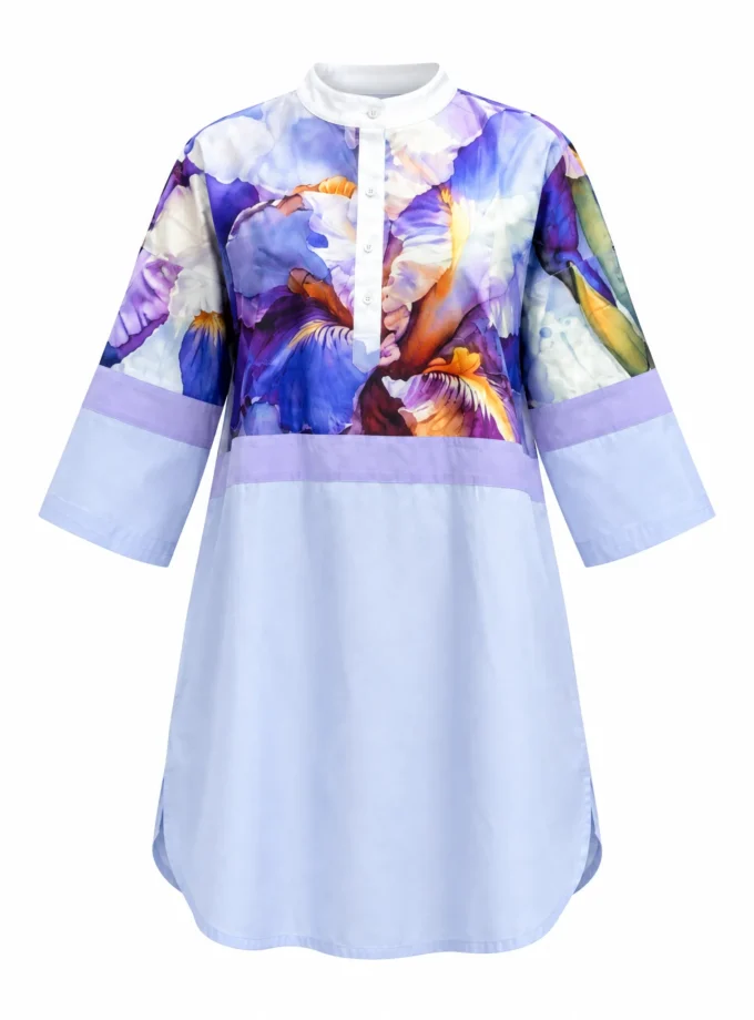 Mavis lavender printed yoke loose shirt dress shown alone on an invisible mannequin