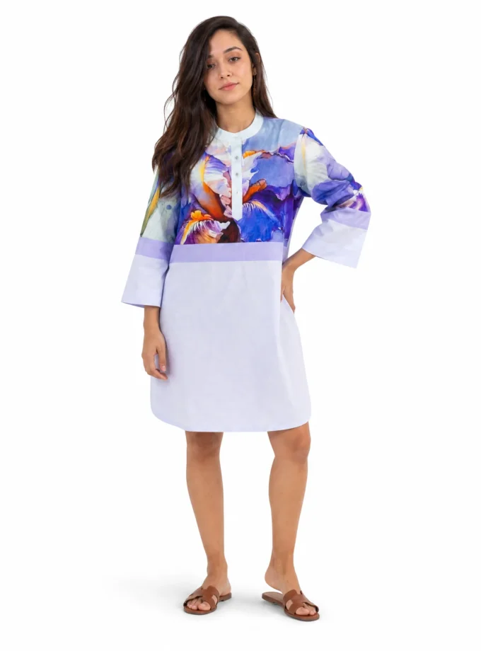 Mavis — model wearing the lavender printed yoke loose shirt dress