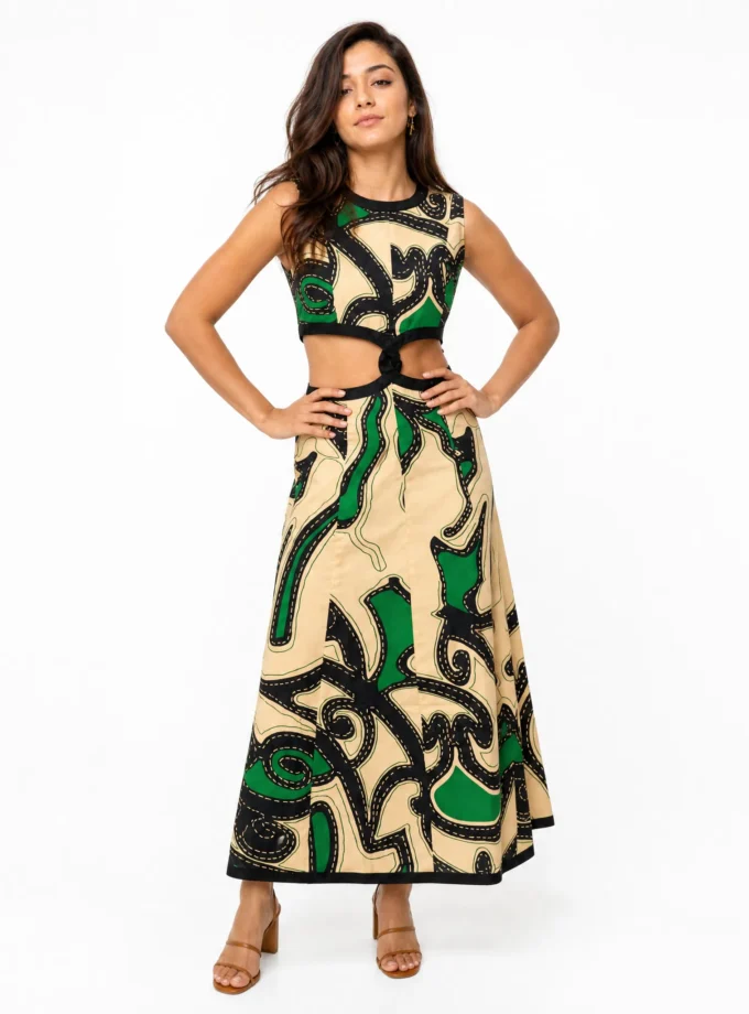 Melia — model wearing the abstract print glaze cotton waist cutout full length maxi dress