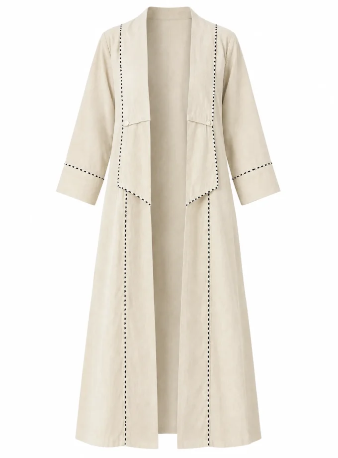 Mirelle light beige h-loom flap collar open jacket shown alone on an invisible mannequin