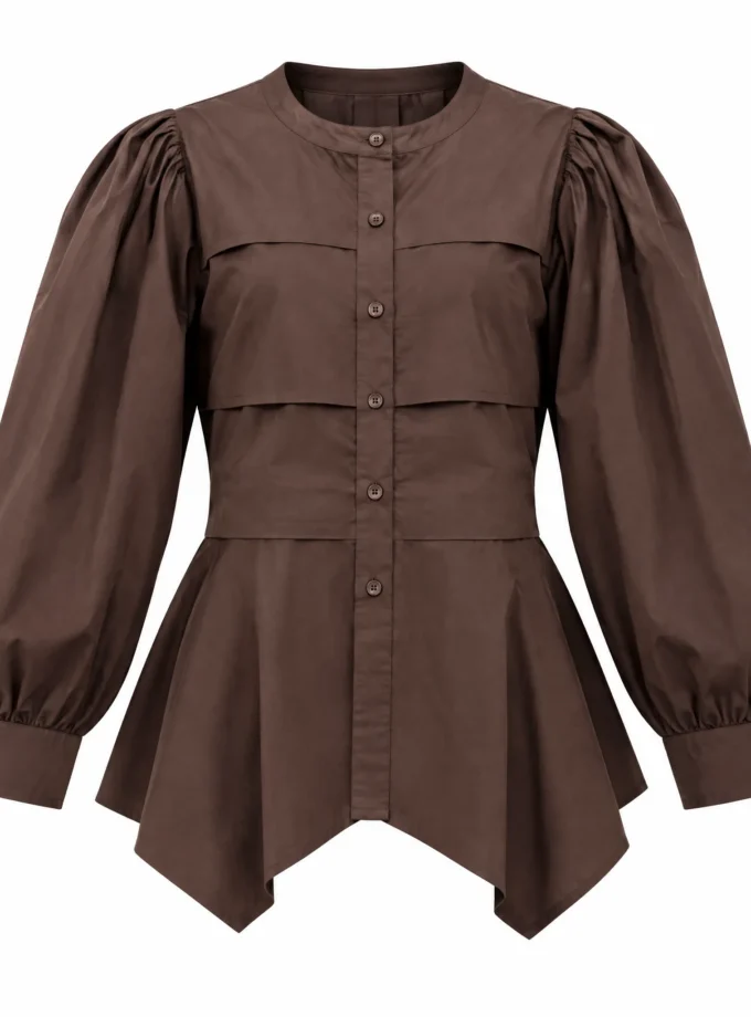 Mist brown coffee cotton closed neck button down flat pleat shirt with balloon sleeves shown alone on an invisible mannequin
