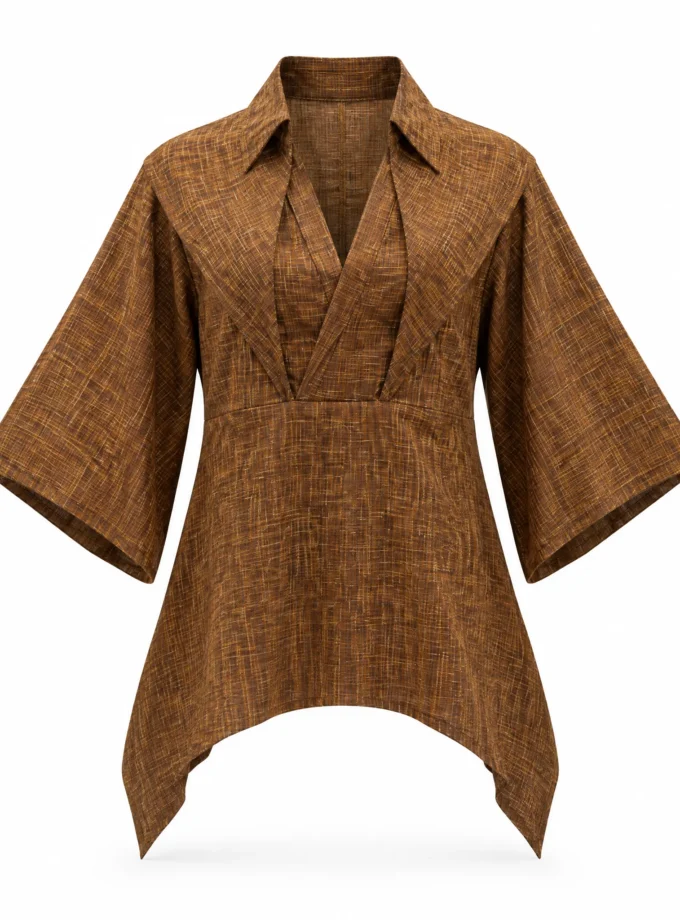 Mocha brown loom Victorian collar drop hem top shown alone on an invisible mannequin