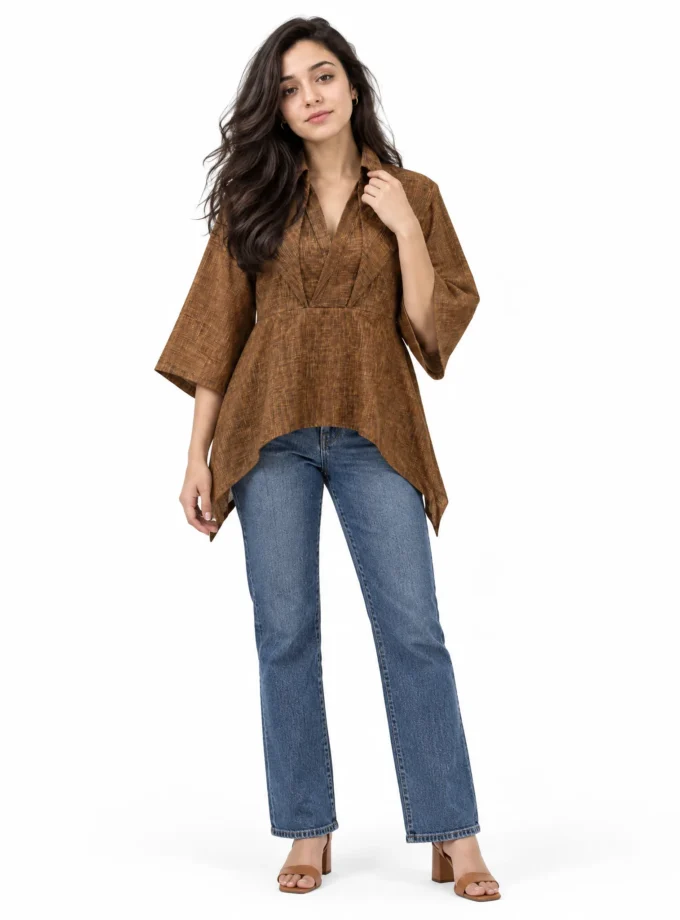 Mocha — model wearing the brown loom Victorian collar drop hem top