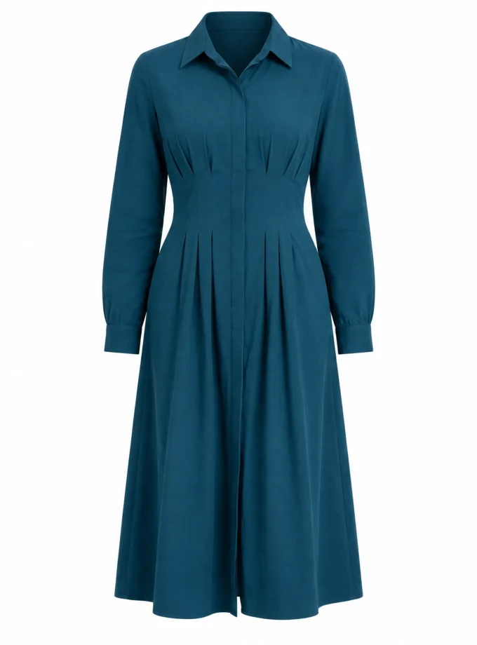Muse teal cotton cinched waist dress with shirt collar shown alone on an invisible mannequin