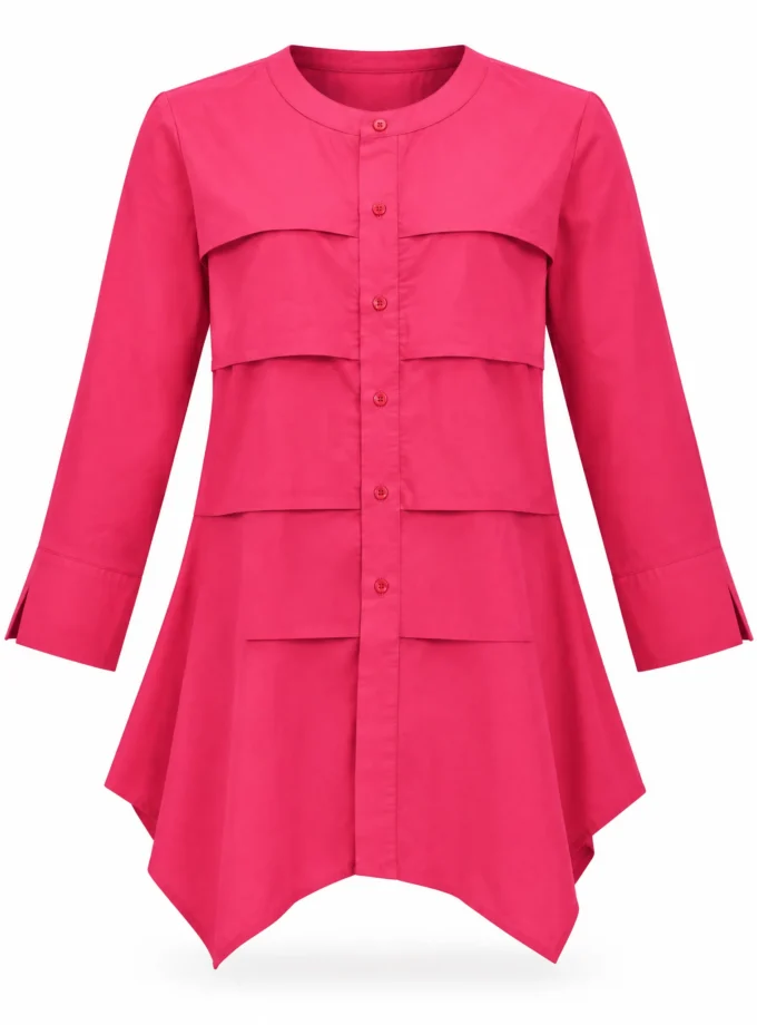 Nectar fuchsia pink cotton closed neck button down flat pleat shirt shown alone on an invisible mannequin